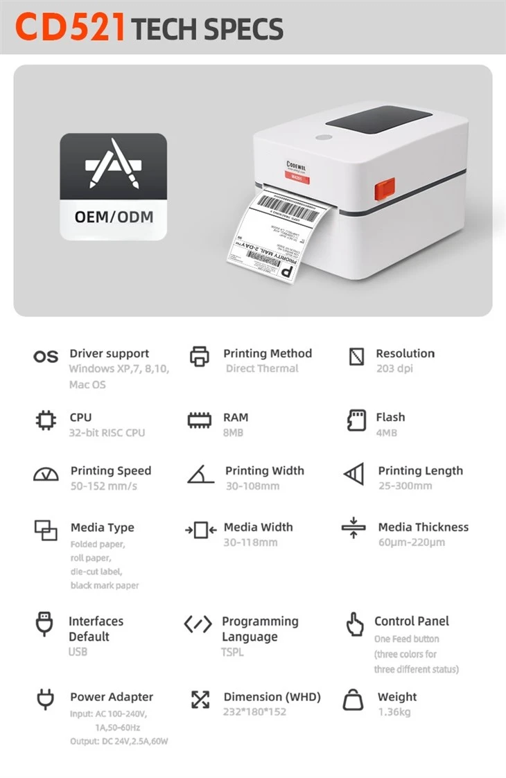 Codewel Thermal Printer CD521 203dpi