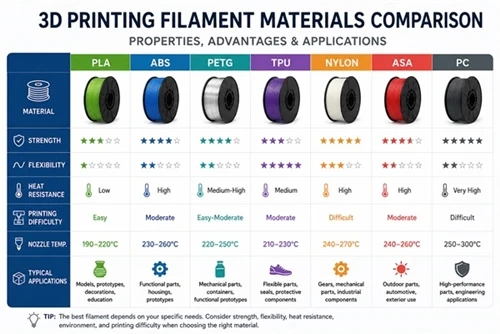 3D Printing Filament Materials: PLA, ABS, PETG, TPU & Nylon Compared